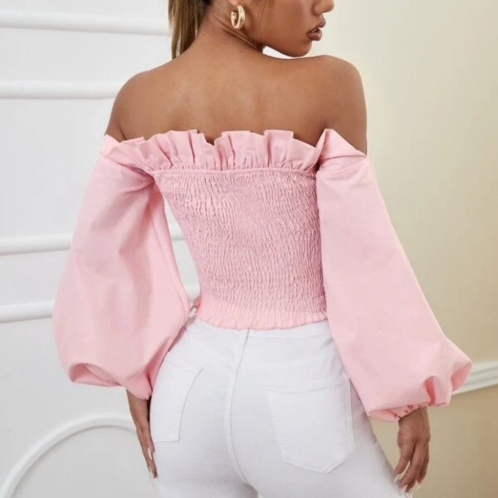 Off Shoulder Ruffle Trim Shirred Long sleeved Crop Blouse Pink - Picture 5 of 5